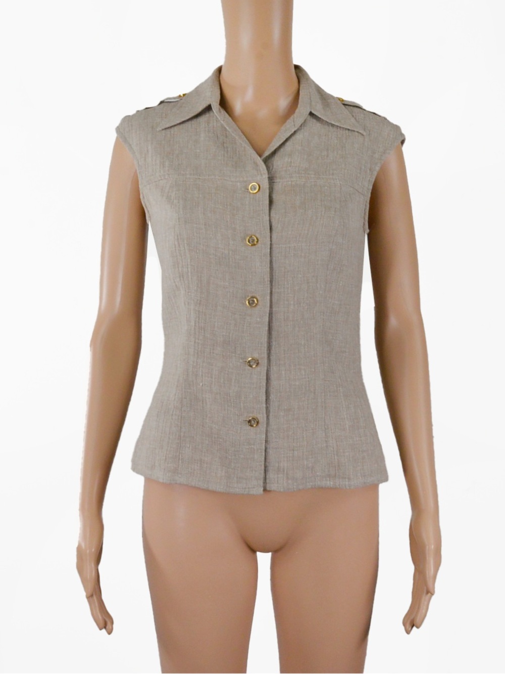 Vintage Escada Sleeveless Safari Utility Blouse Taupe Linen Wool Blend Top
